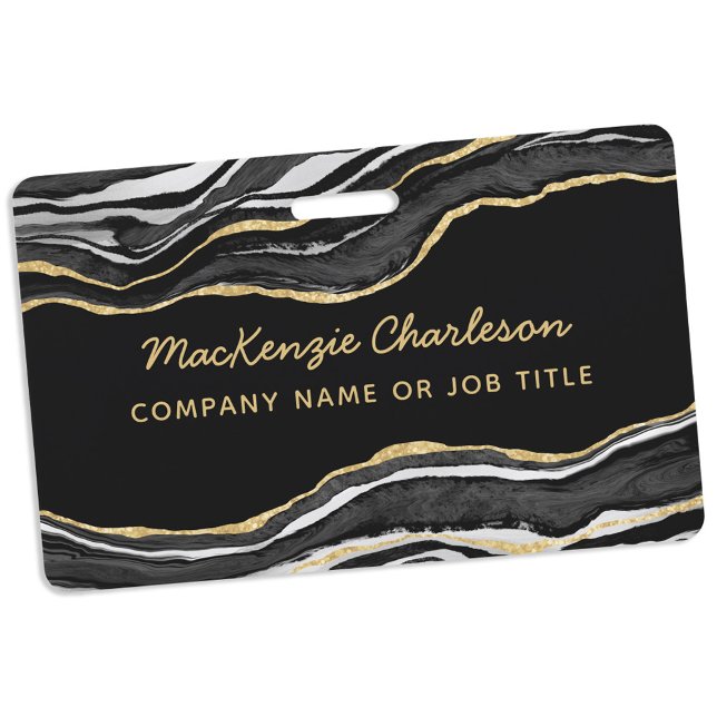 Badge Nom d'entreprise Marbre Noir Agate Géode Or (Black marble geode agate gold glitter effect modern script business name badge)