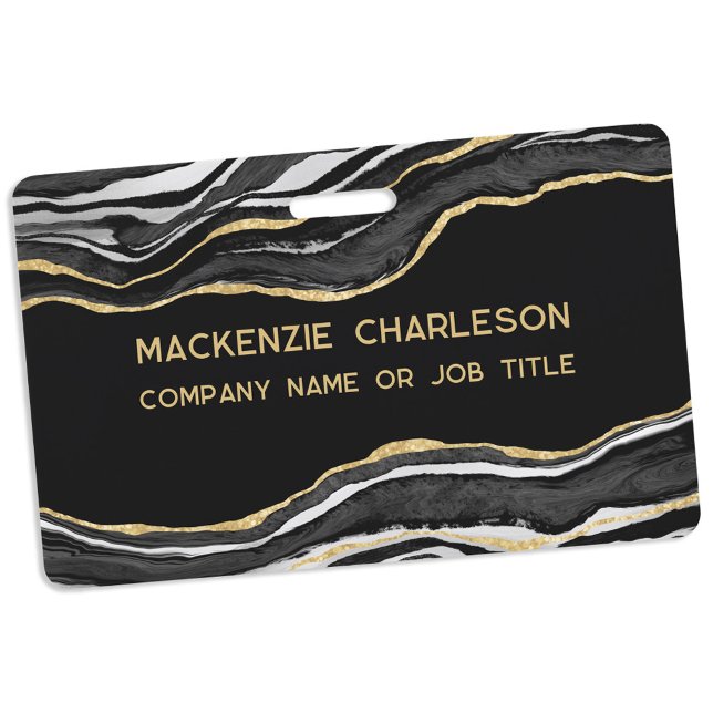 Badge Nom d'entreprise Marbre Noir Agate Géode Or (Black marble agate geode gold glitter effect business name badge)
