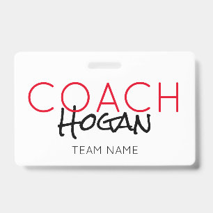 Badge NOM DU COACH texte personnalisé rouge noir Sports 