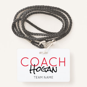 Badge NOM DU COACH texte personnalisé rouge noir Sports