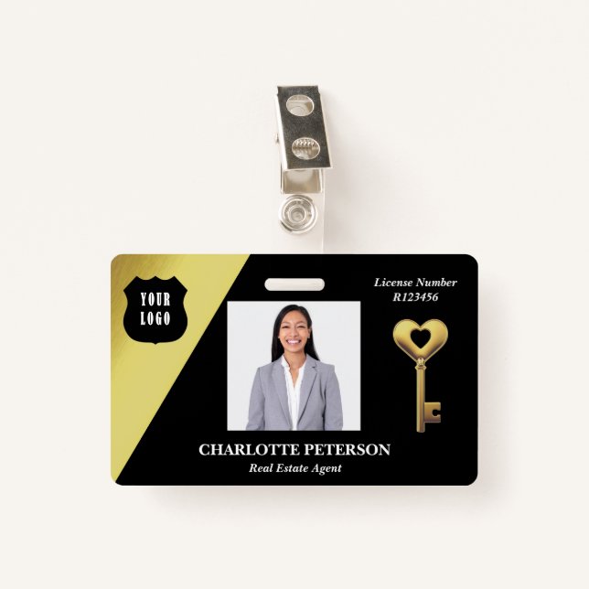 Badge Nom du concessionnaire immobilier Black & Gold (Devant avec clip)