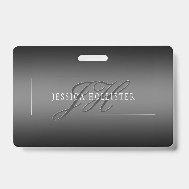 Badge Nom élégant & Initiales monogrammées | Noir & Gris (Avant)