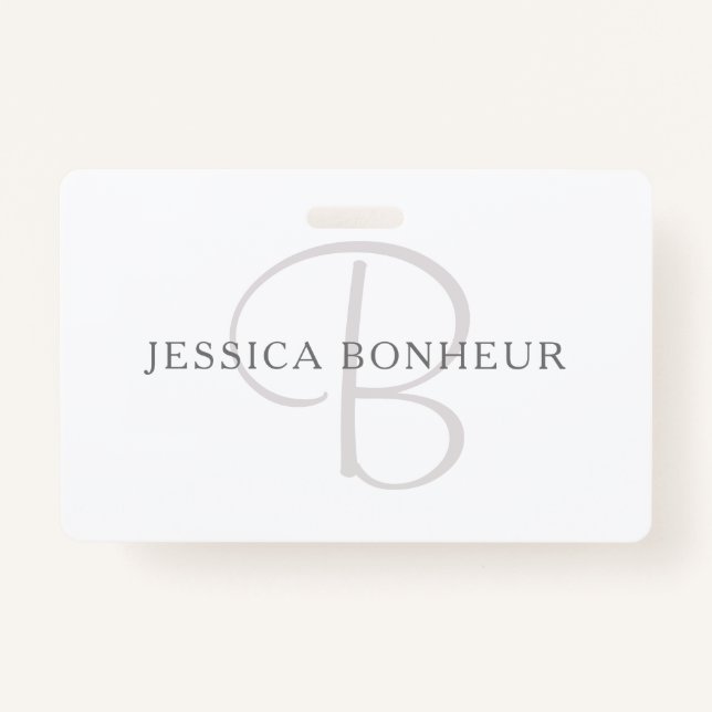 Badge Nom élégant Monogramme | Blanc et gris (Devant)