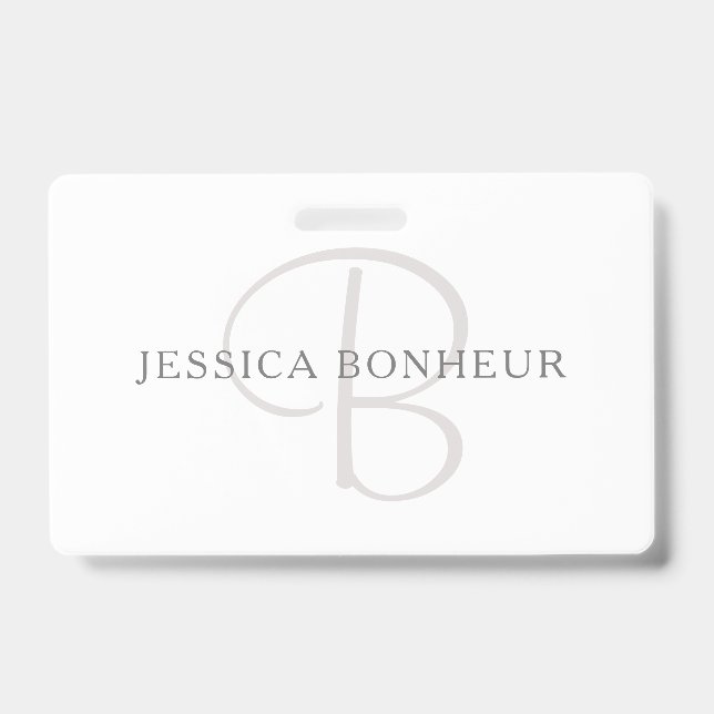 Badge Nom élégant Monogramme | Blanc & Gris (Avant)