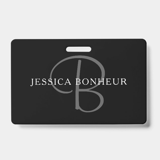 Badge Nom élégant Monogramme | Noir Blanc & Gris (Avant)