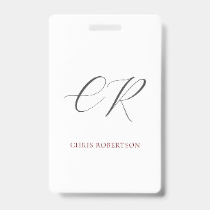 Badge Nom Monogramme Personnalisé Calligraphie Noir Blan