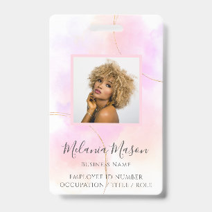 Badge Nom photo personnalisé Gold Rose Aquarelle Personn
