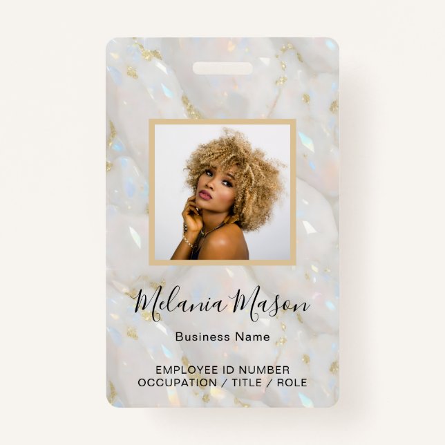 Badge Nom photo personnalisé Holographique Faux Opal Pie (Devant)