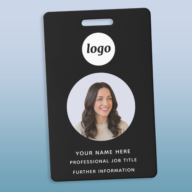 Badge Nom professionnel noir propre ID photo (Simple logo custom text business photo ID name badge)