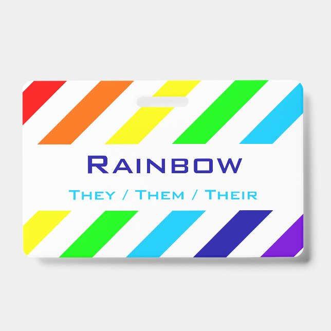 Badge Nom / Pronom à Rayures Arc-en-ciel Blanc (Avant)