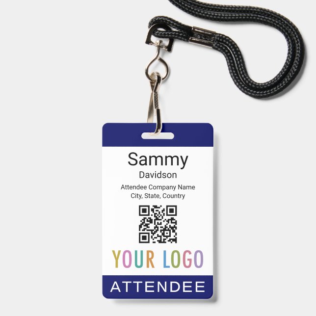 Badge nominatif bleu pour participant avec cordon  (Avant avec lanière)