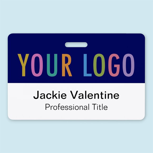 Badge nominatif horizontal en PVC bleu avec logo,  (MISOOK Horizontal Employee Badge with Logo on Top Navy Blue)