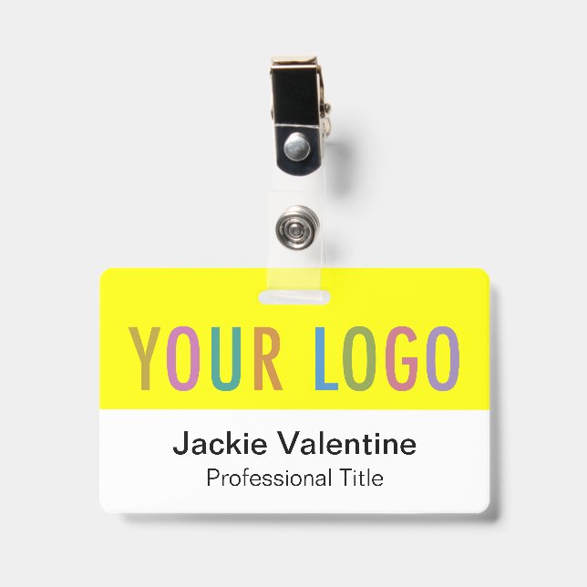 Badge nominatif horizontal en PVC jaune avec logo, (Avant avec clip)