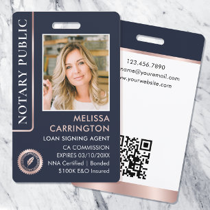 Badge Notaire de style Photo QR ID Bleu Rose Gold