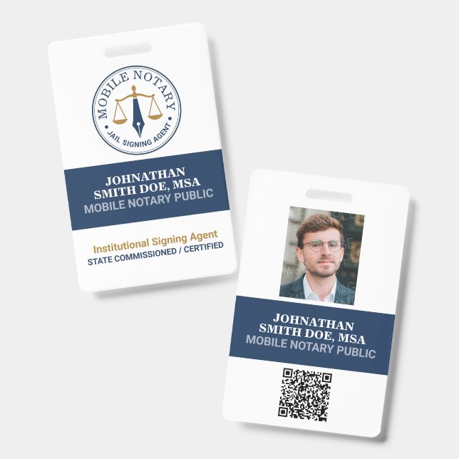 Badge Notaire mobile personnalisé ID Navy Gold QR Code l (Avant & arrière)