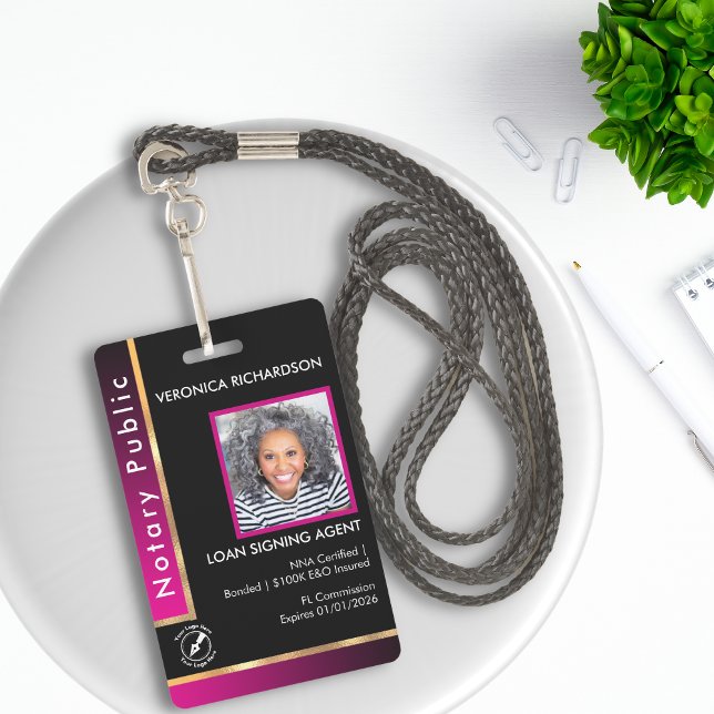 Badge Notaire QR Code moderne rose et noir Photo I.D. (Créateur téléchargé)