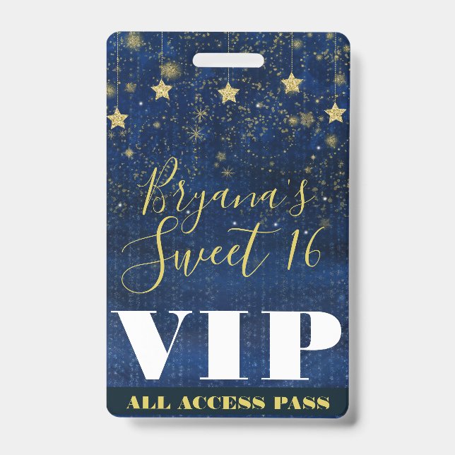Badge Nuit sous les étoiles Gold Blue Sweet 16 VIP Pass (Face)