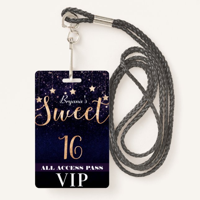 Badge Nuit sous les étoiles Gold Purple Sweet 16 VIP Pas (Devant avec lanière)