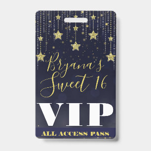 Badge Nuit sous les étoiles Or Bleu foncé Sweet 16 VIP P