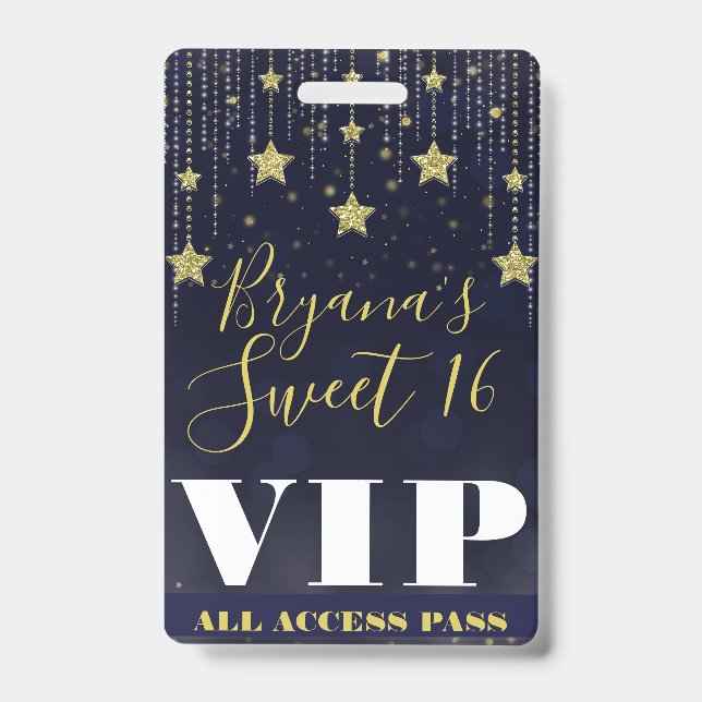 Badge Nuit sous les étoiles Or Bleu foncé Sweet 16 VIP P (Avant)