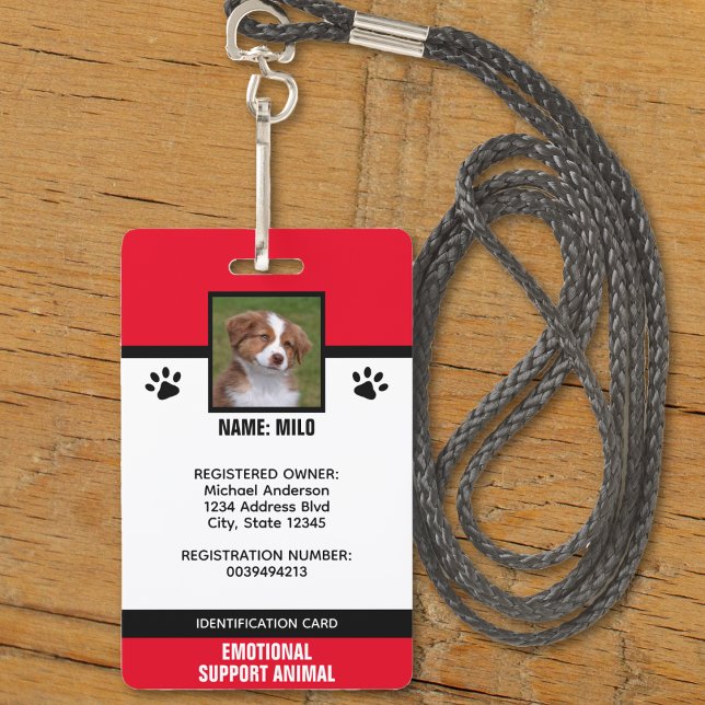 Badge Numéro d'animal du service de soutien émotionnel r (red white and black emotional support animal service dog id badge)