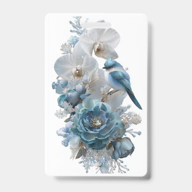 Badge Oiseau Bleu Cristal & Fleur de Verre.		 (Avant)