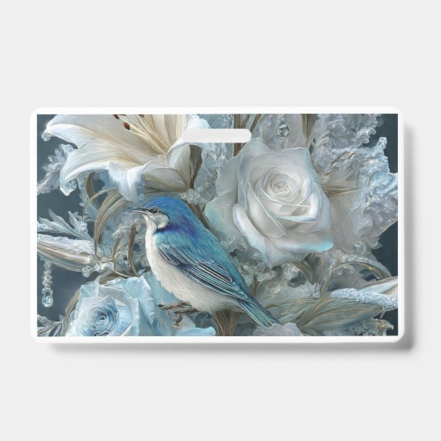 Badge Oiseau Bleu Cristal & Fleur de Verre. (Avant)