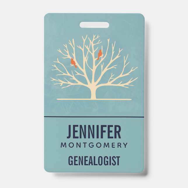 Badge Oiseaux orange moderne dans un grand arbre généalo (Avant)