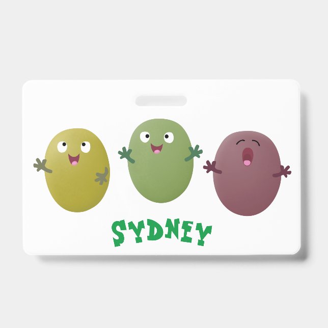 Badge Olives joyeuses mignonnes chantant un dessin animé (Avant)