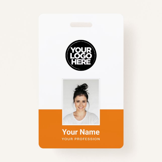 Badge Orange Employé - Photo, Code-Barre, Grand Logo, No (Devant)