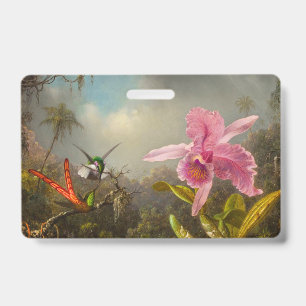 Badge Orchidée avec deux colibris Heade