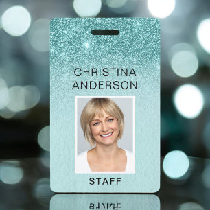 Badge Pailleté Bleu Sarcelle Nom de l'Employé Photo Entr
