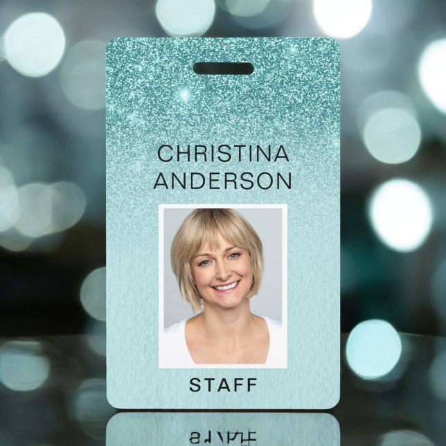 Badge Pailleté Bleu Sarcelle Nom de l'Employé Photo Entr (Créateur téléchargé)