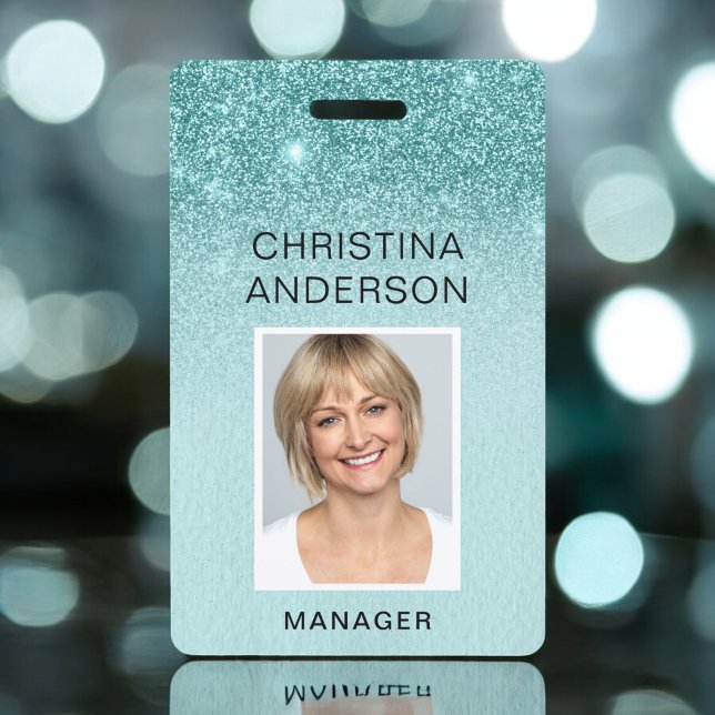 Badge Pailleté Bleu Sarcelle Nom de l'Employé Photo Entr (Créateur téléchargé)