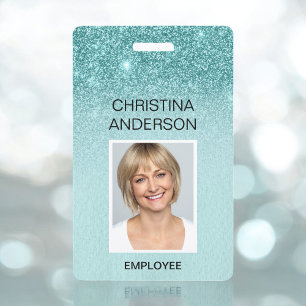 Badge Paillettes Bleu Turquoise Nom de l'Employé Photo E