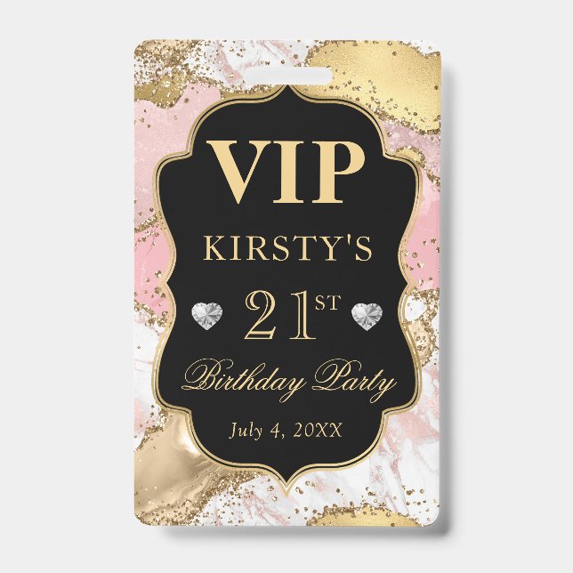 Badge Paillettes d'agate or rose et blanc Anniversaire V (Avant)