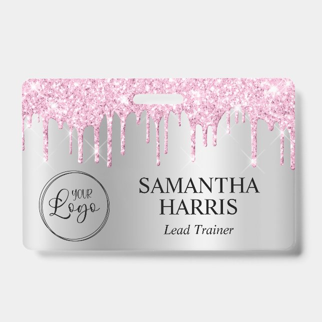 Badge Pale Pink Glitter Drips Silver Shimmer (Face)