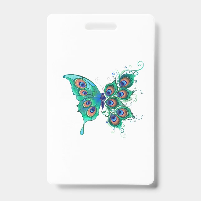 Badge Papillon aux plumes de paon vert (Face)