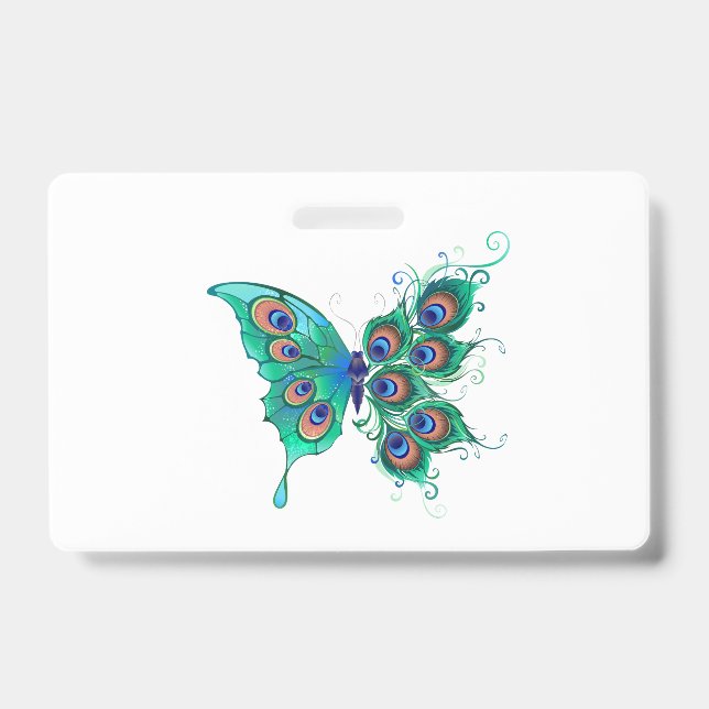 Badge Papillon aux plumes de paon vert (Avant)