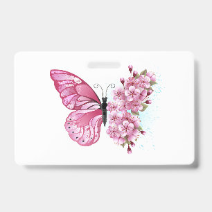 Badge Papillon de fleurs avec Sakura rose