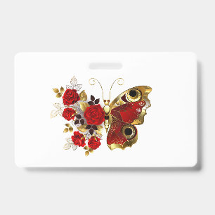 Badge Papillon fleur rouge avec des roses rouges