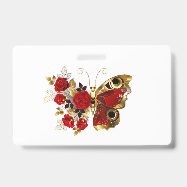 Badge Papillon fleur rouge avec des roses rouges (Avant)