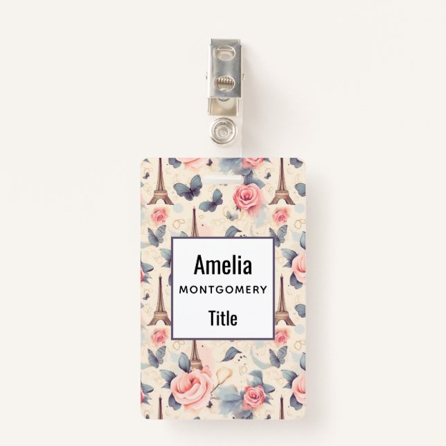 Badge Papillon Tour Eiffel et Motif Rose (Devant avec clip)