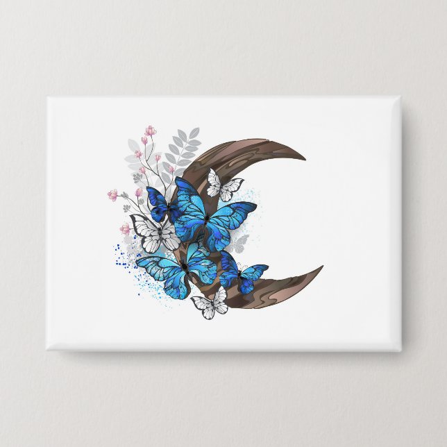 Badge Papillons bleus sur croissant en bois (Recto)