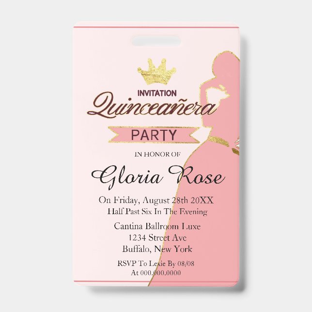 Badge Parti Quinceanera De La Couronne Rose Et Or (Avant)