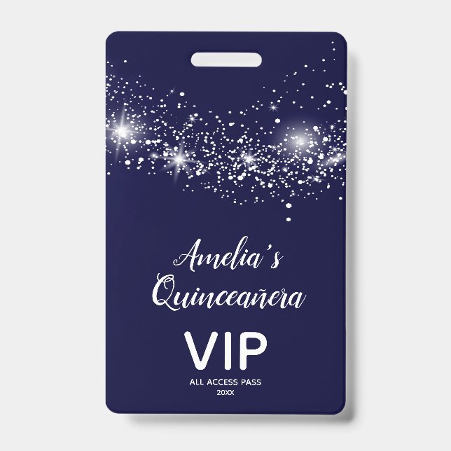 Badge Parties scintillant chic sur Navy Quinceañera Invi (Front)