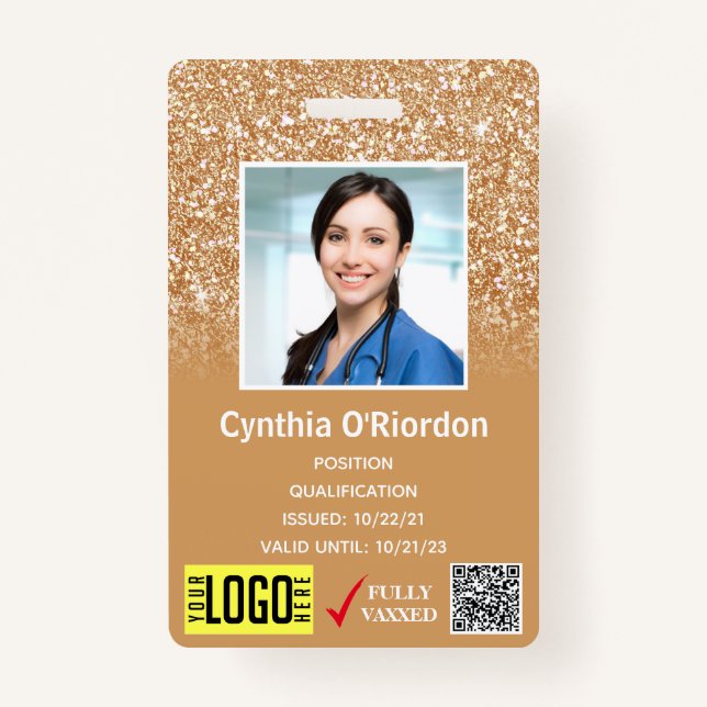 Badge Parties scintillant d'or ID photo Médicale QR Code (Devant)