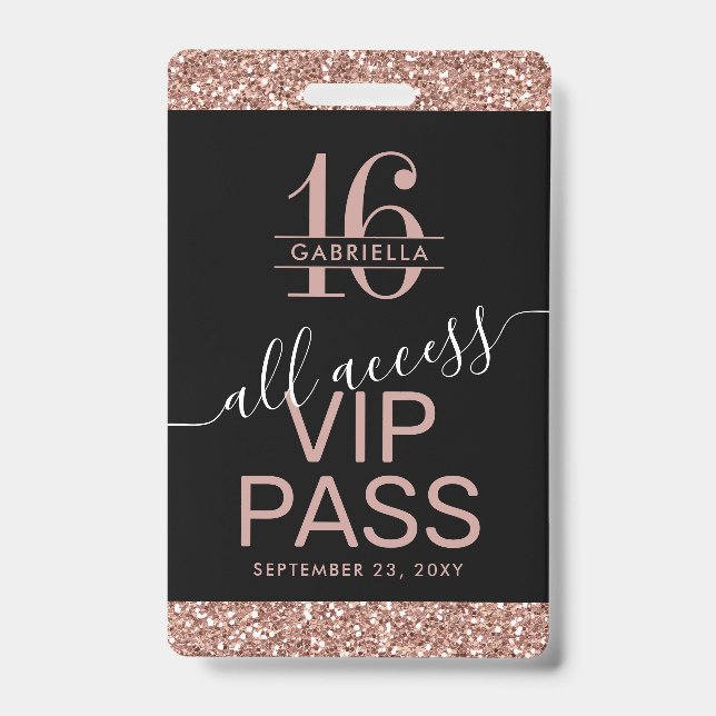 Badge Parties scintillant d'or rose Black Sweet 16 Invit (Avant)