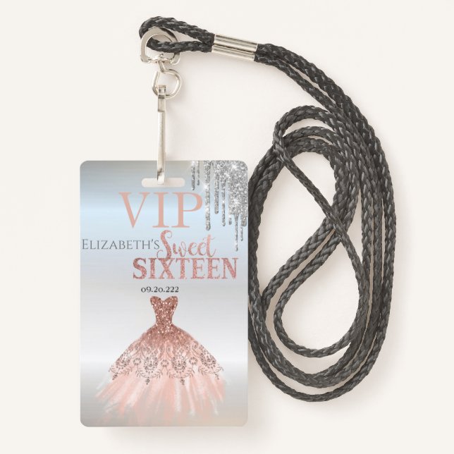 Badge Parties scintillant en argent, Robe Rose or Sweet  (Devant avec lanière)