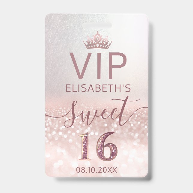 Badge parties scintillant en or rose script ombre Sweet  (Avant)